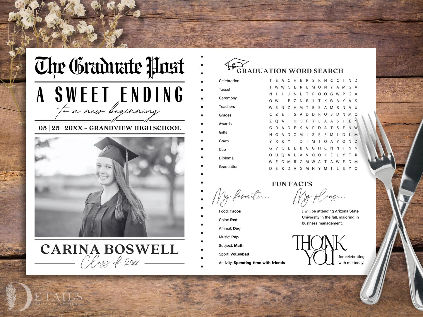 Graduation party placemats, Created with your photo! Sets of 25