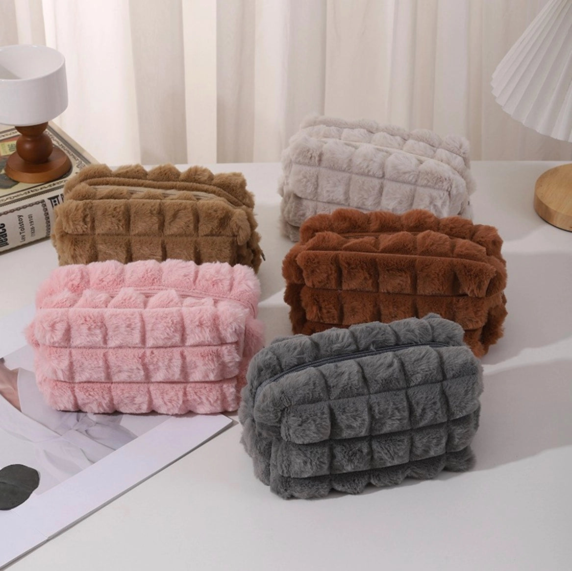 Fur patterned square cosmetic bag- Brown