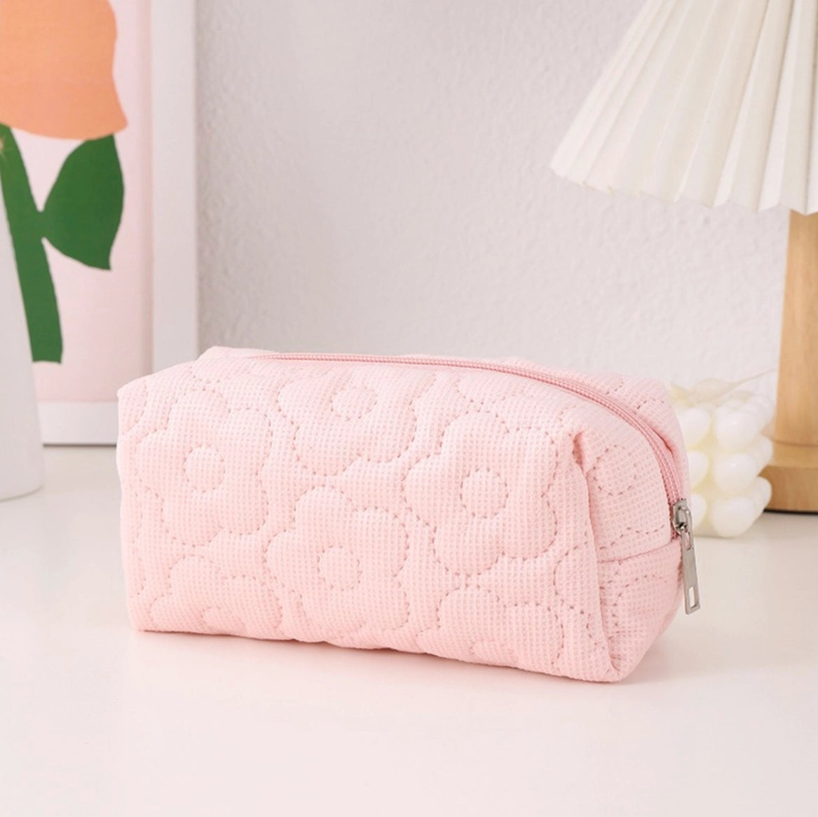 Floral Stitched Cosmetic Bags - Baby Pink