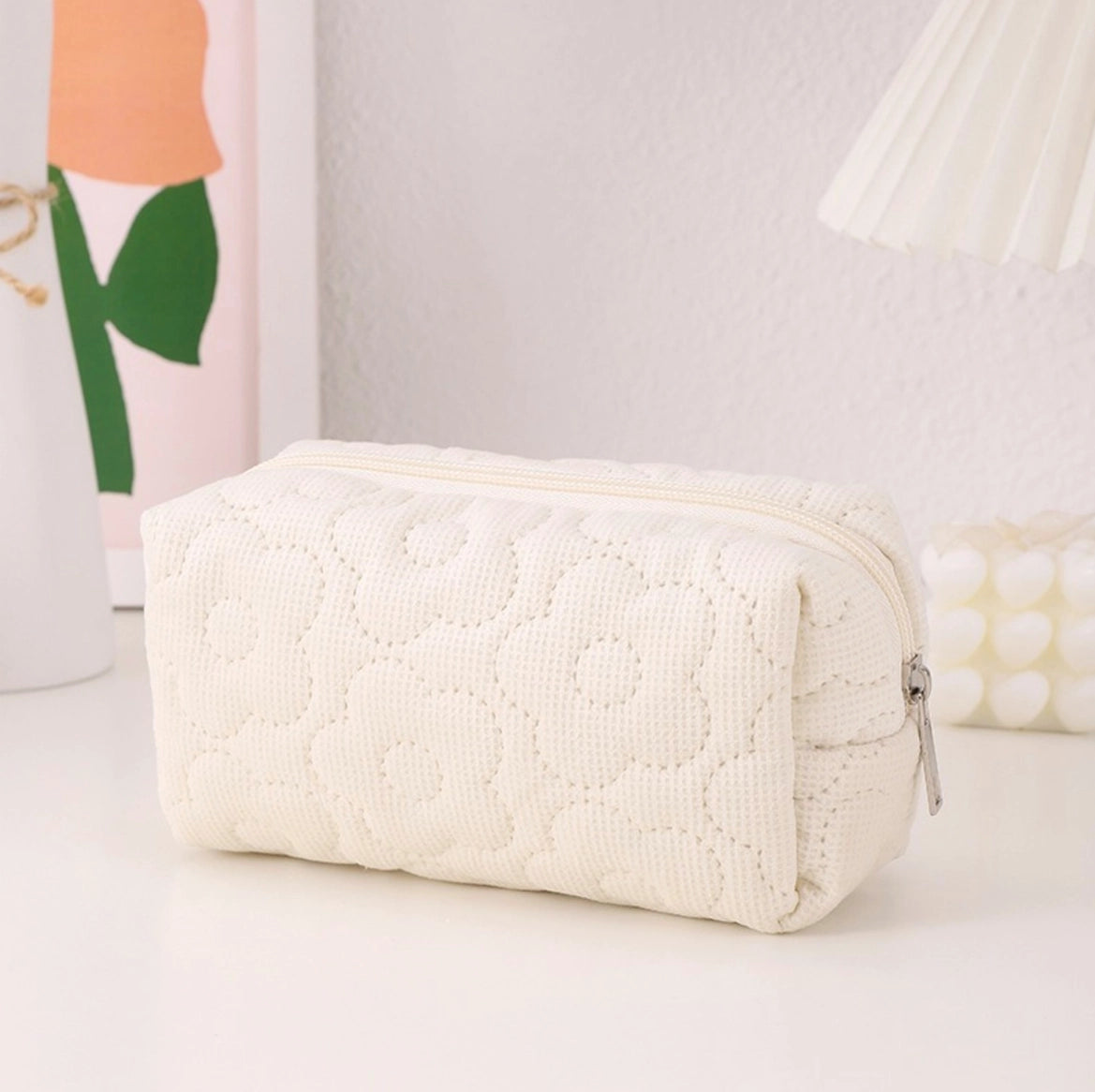 Floral Stitched Cosmetic Bags - Ivory