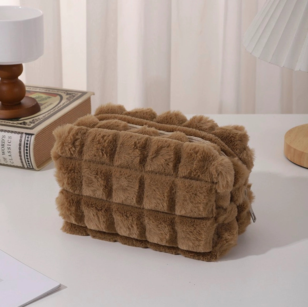 Fur patterned square cosmetic bag- Taupe
